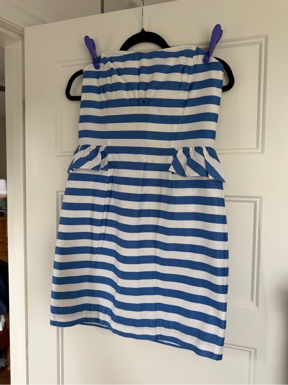 Lilly Pulitzer Blue and White Striped Strapless Peplum Dress